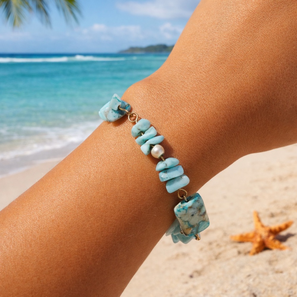 Rare Natural Larimar Bracelet SHIPS FROM ARIZONA. Beautiful Chips And Cabachons.